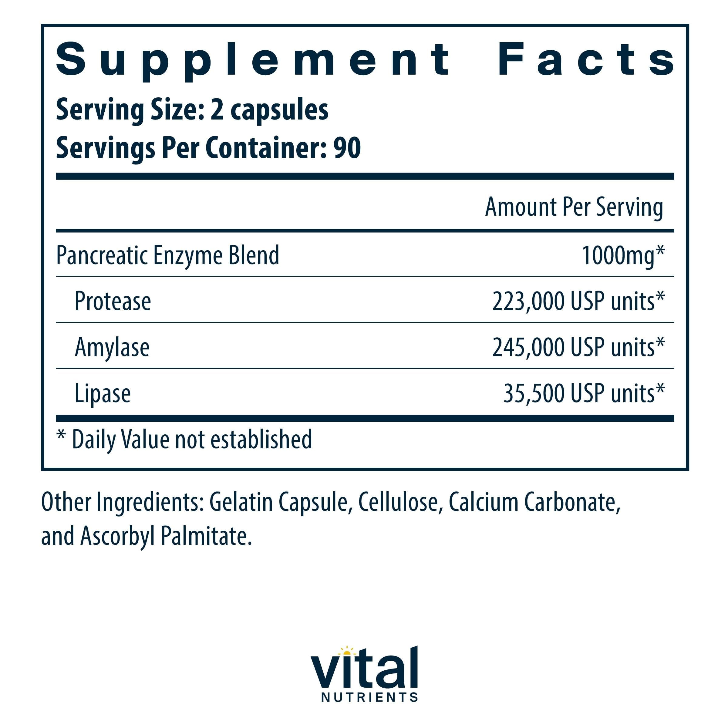 Vital Nutrients Pancreatic Enzymes capsules close-up, supports protein, fat and carbohydrate digestion.