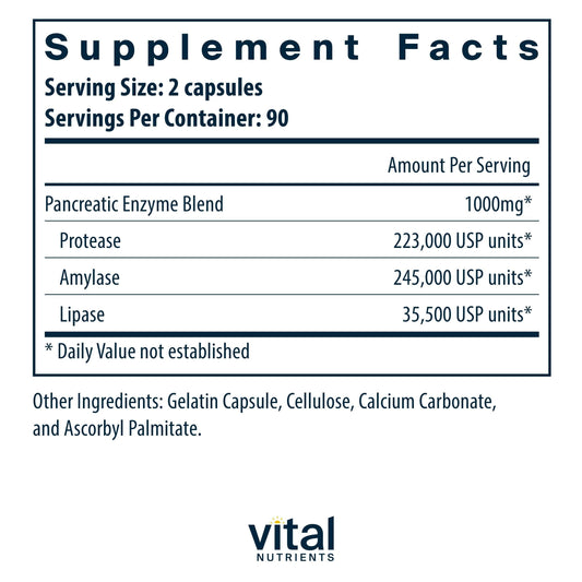 Vital Nutrients Pancreatic Enzymes capsules close-up, supports protein, fat and carbohydrate digestion.