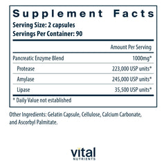 Vital Nutrients Pancreatic Enzymes capsules close-up, supports protein, fat and carbohydrate digestion.