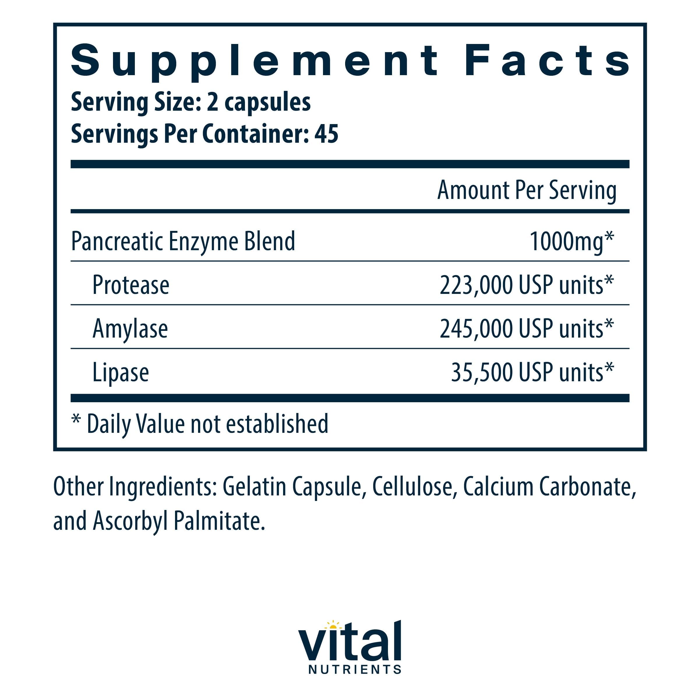 Vital Nutrients panel showing protease, amylase, lipase ingredients for digestion