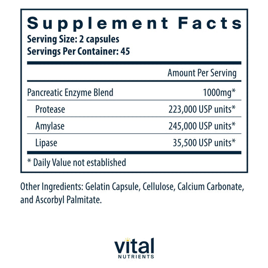 Vital Nutrients panel showing protease, amylase, lipase ingredients for digestion