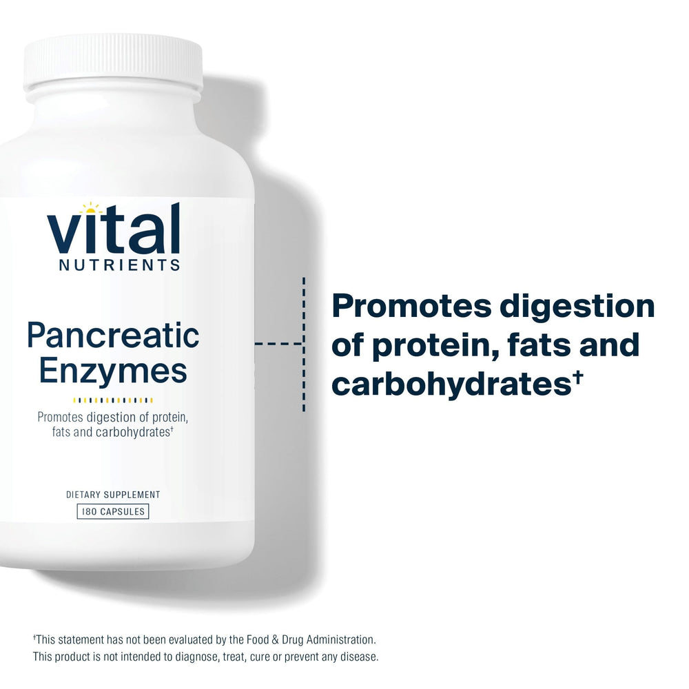Vital Nutrients Pancreatic Enzymes packaging, clean-label formula free from artificial fillers.