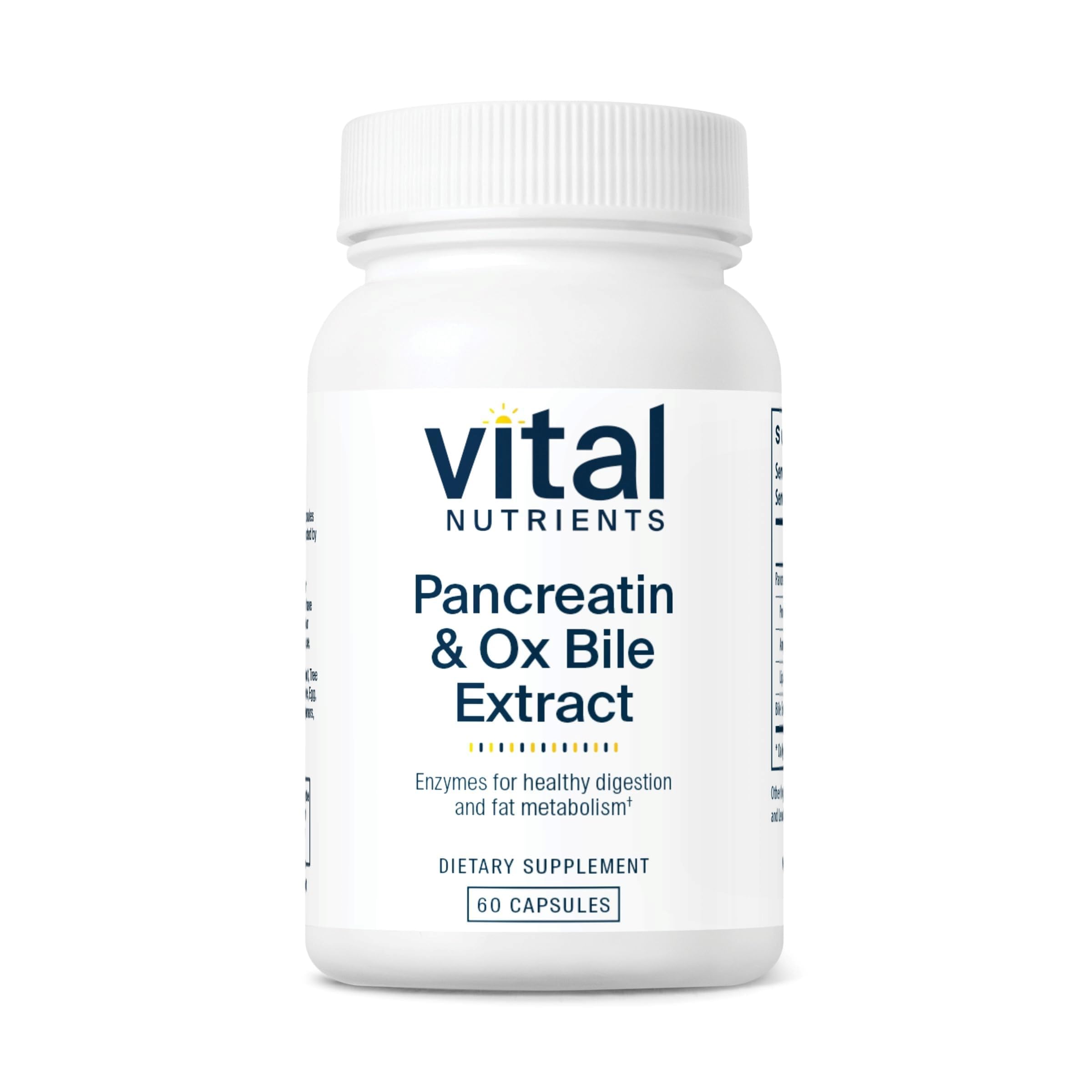 Vital Nutrients Pancreatin & Ox Bile 500mg bottle shows the enzyme blend for improved post-meal digestion.