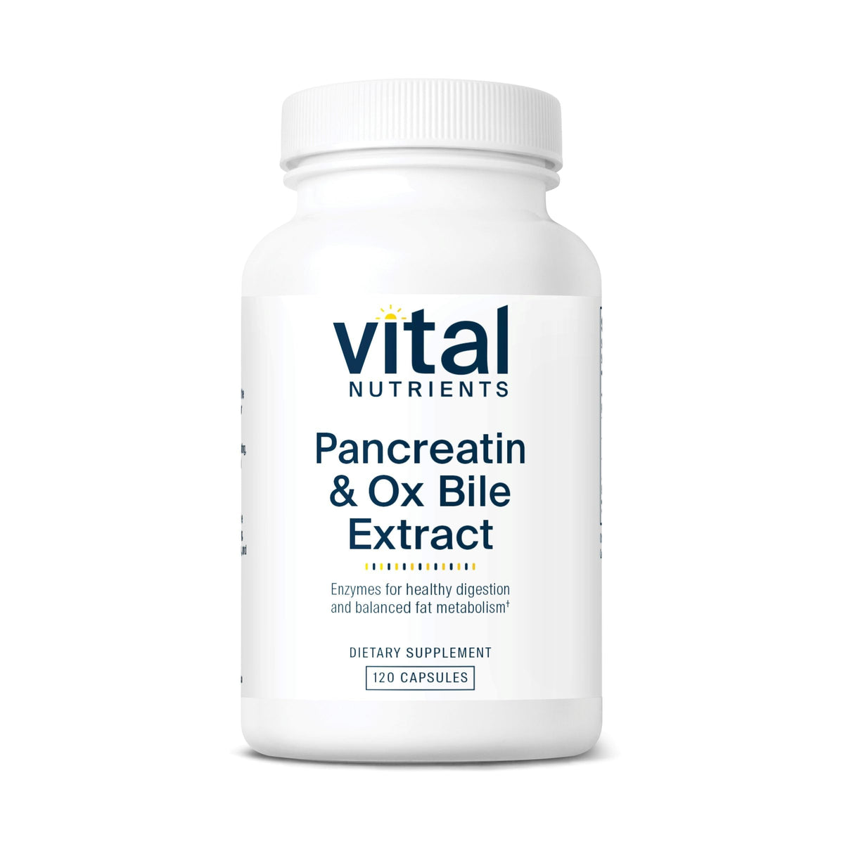 Vital Nutrients pancreatin-ox-bile-500mg capsules on a kitchen counter, aiding digestion after meals.