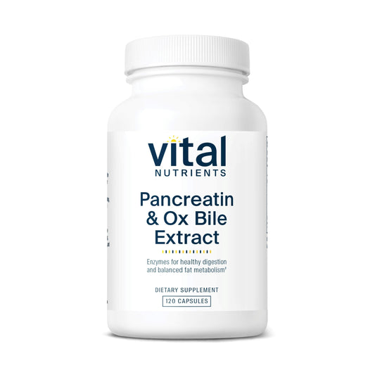 Vital Nutrients pancreatin-ox-bile-500mg capsules on a kitchen counter, aiding digestion after meals.