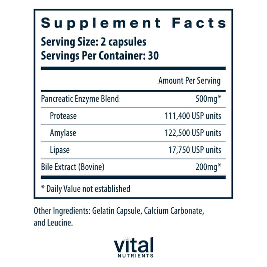 Vital Nutrients Pancreatin & Ox Bile 500mg tablets pack ready to take with meals.