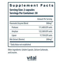 Vital Nutrients Pancreatin & Ox Bile 500mg tablets pack ready to take with meals.