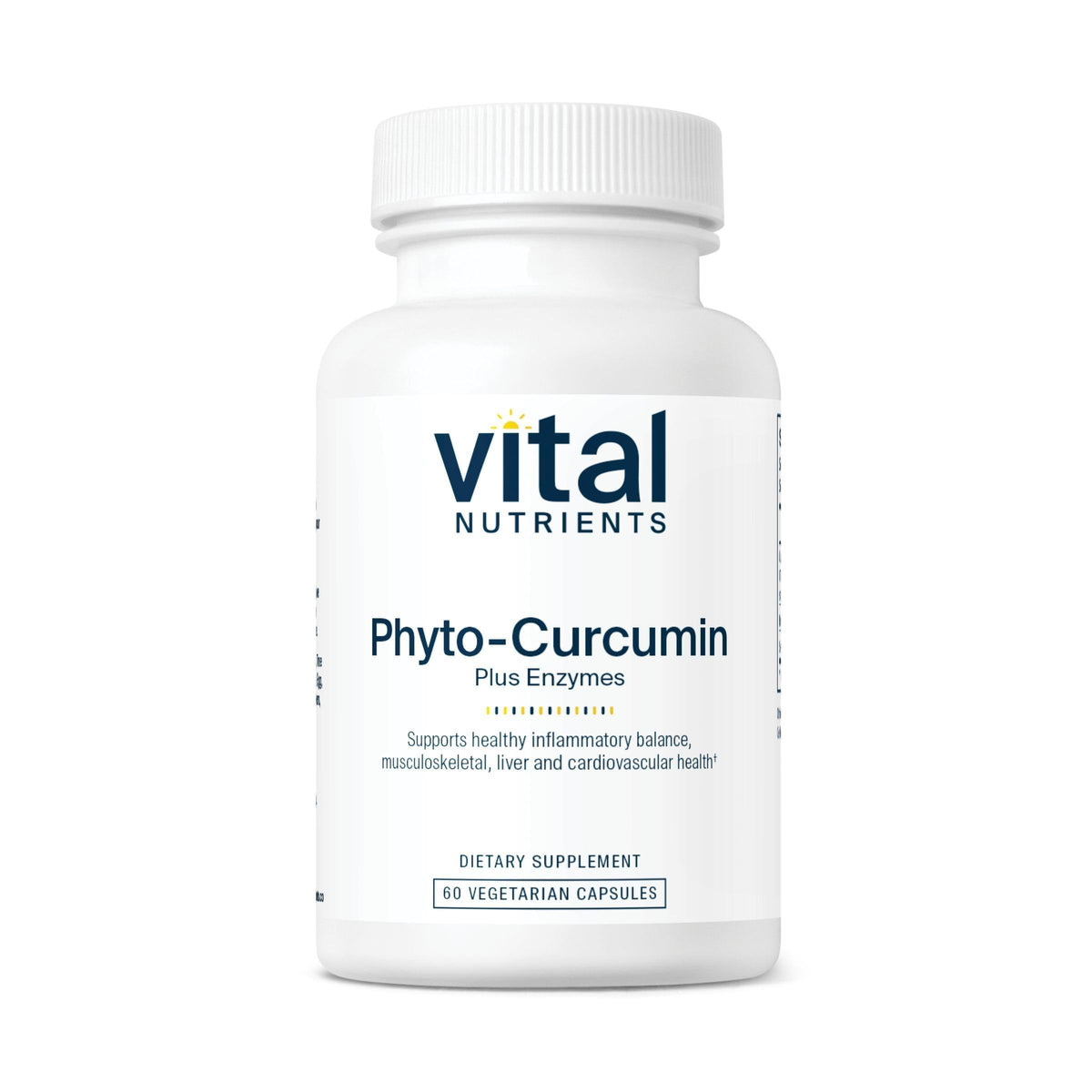 Vital Nutrients Phyto-Curcumin Plus Enzymes bottle front supports daily balance.