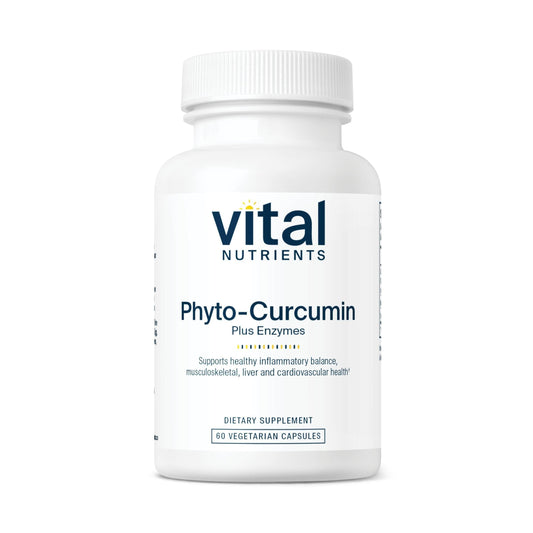 Vital Nutrients Phyto-Curcumin Plus Enzymes bottle front supports daily balance.