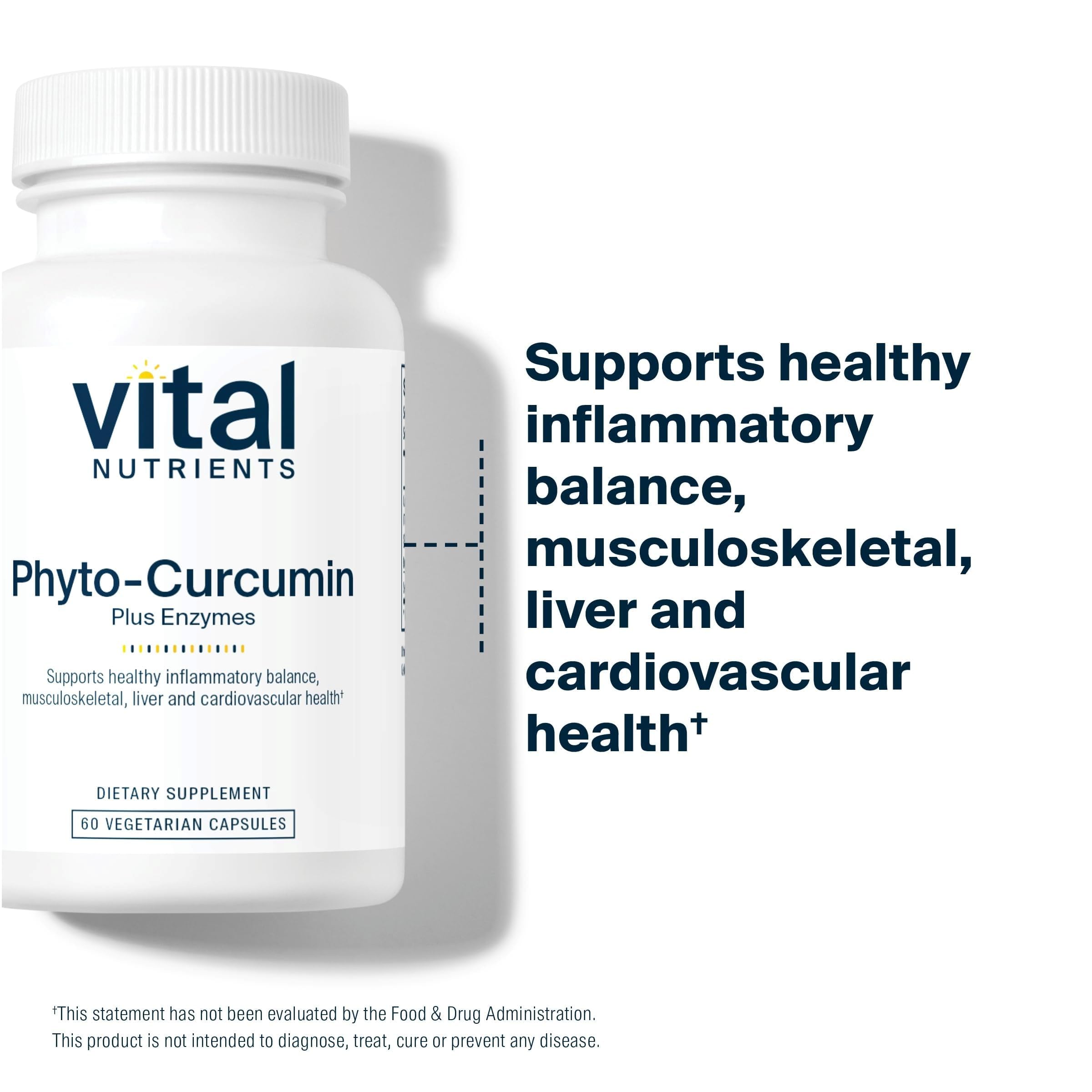Vital Nutrients Phyto-Curcumin Plus Enzymes capsules arranged for easy daily use.