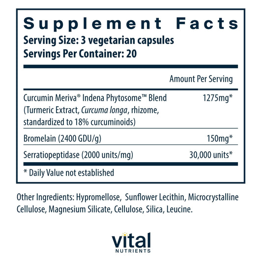 Vital Nutrients Phyto-Curcumin Plus Enzymes label closeup highlights phytosome-curcumin absorption.