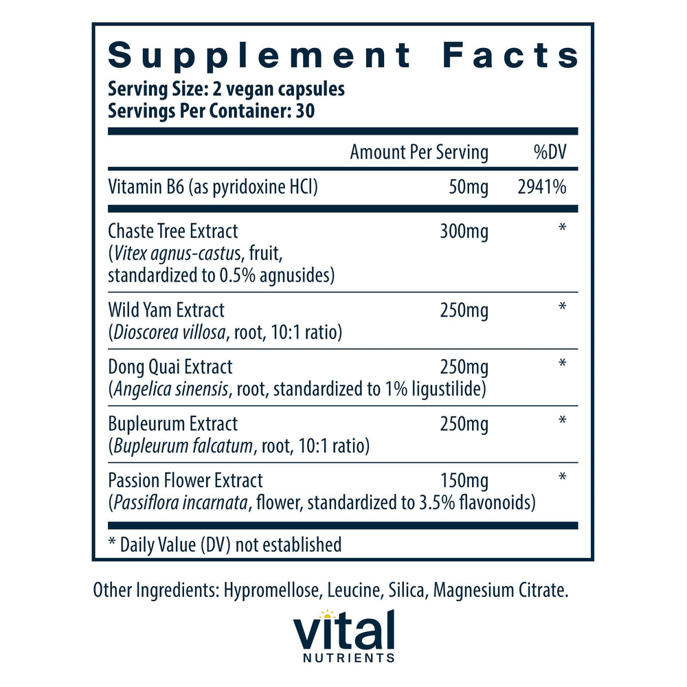 Vital Nutrients PMS Support capsules promote a simple daily routine for balance.