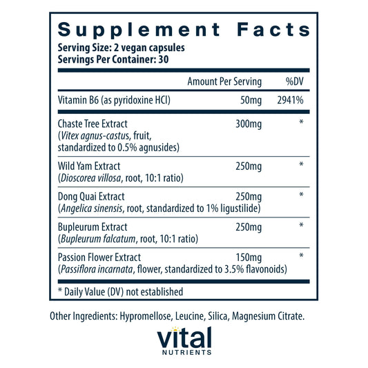 Vital Nutrients PMS Support capsules promote a simple daily routine for balance.