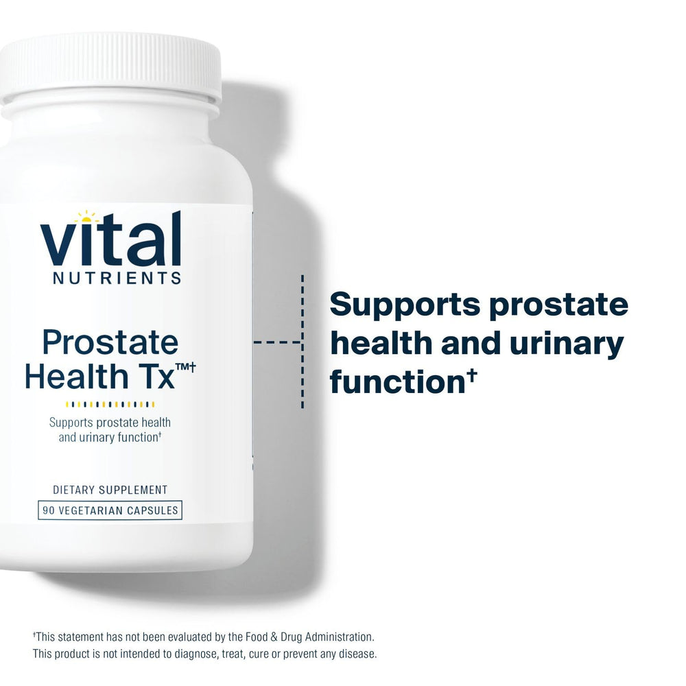 Vital Nutrients Prostate Health Tx packaging closeup highlights non-GMO features.