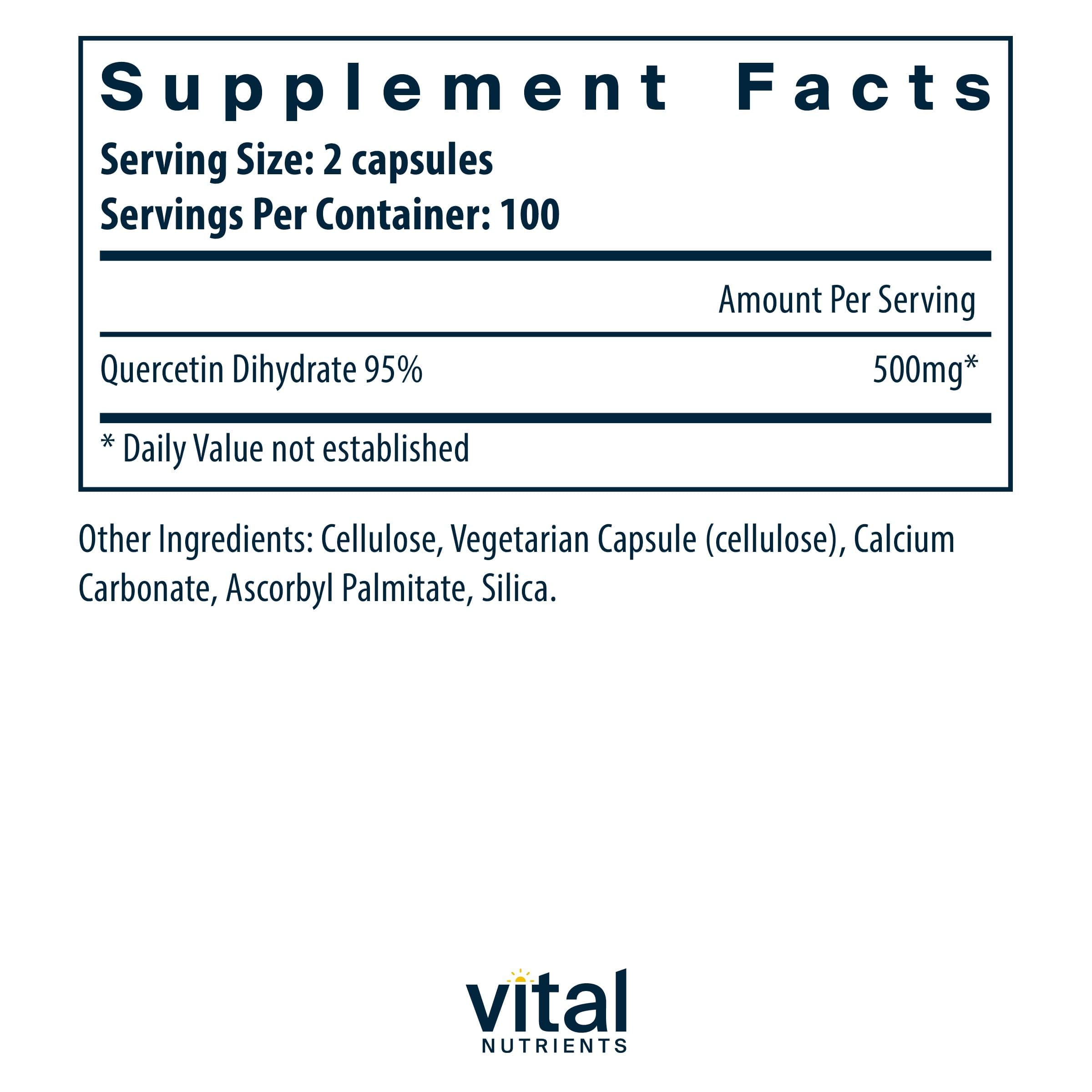 Vital Nutrients Quercetin capsules being poured for easy daily dosing.