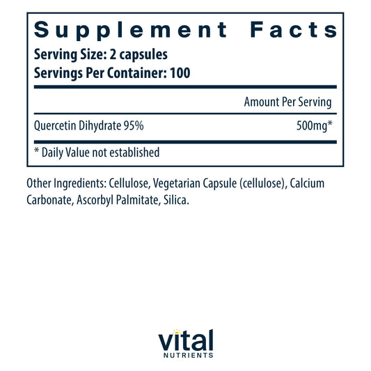 Vital Nutrients Quercetin capsules being poured for easy daily dosing.