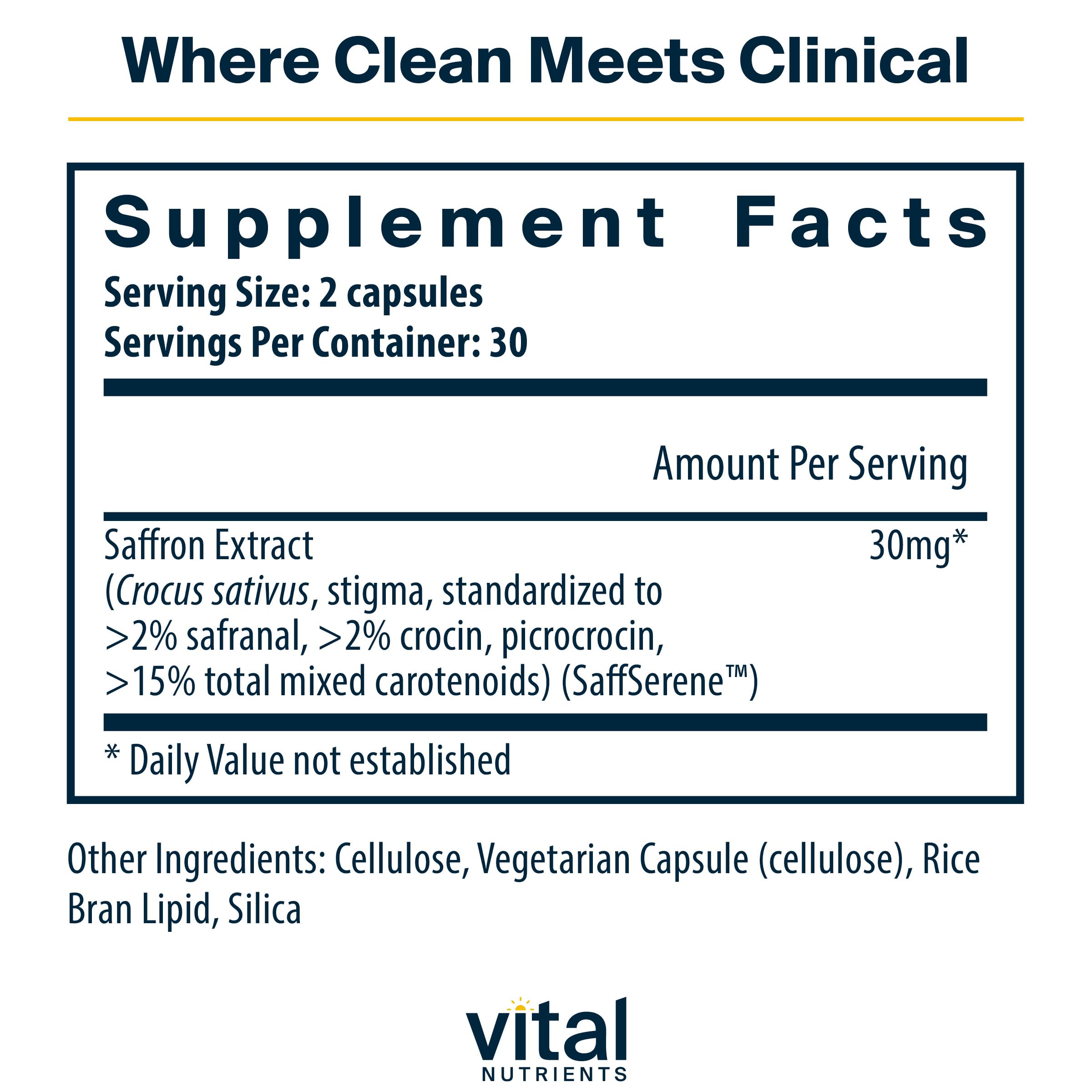 Vital Nutrients Saffron Extract bottle shows vegan, allergen-free formula for daily use.