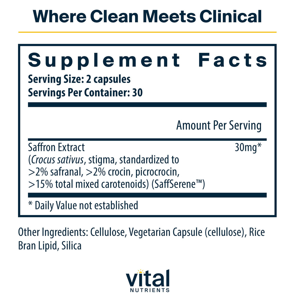 Vital Nutrients Saffron Extract bottle shows vegan, allergen-free formula for daily use.