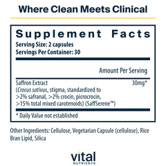 Vital Nutrients Saffron Extract bottle shows vegan, allergen-free formula for daily use.