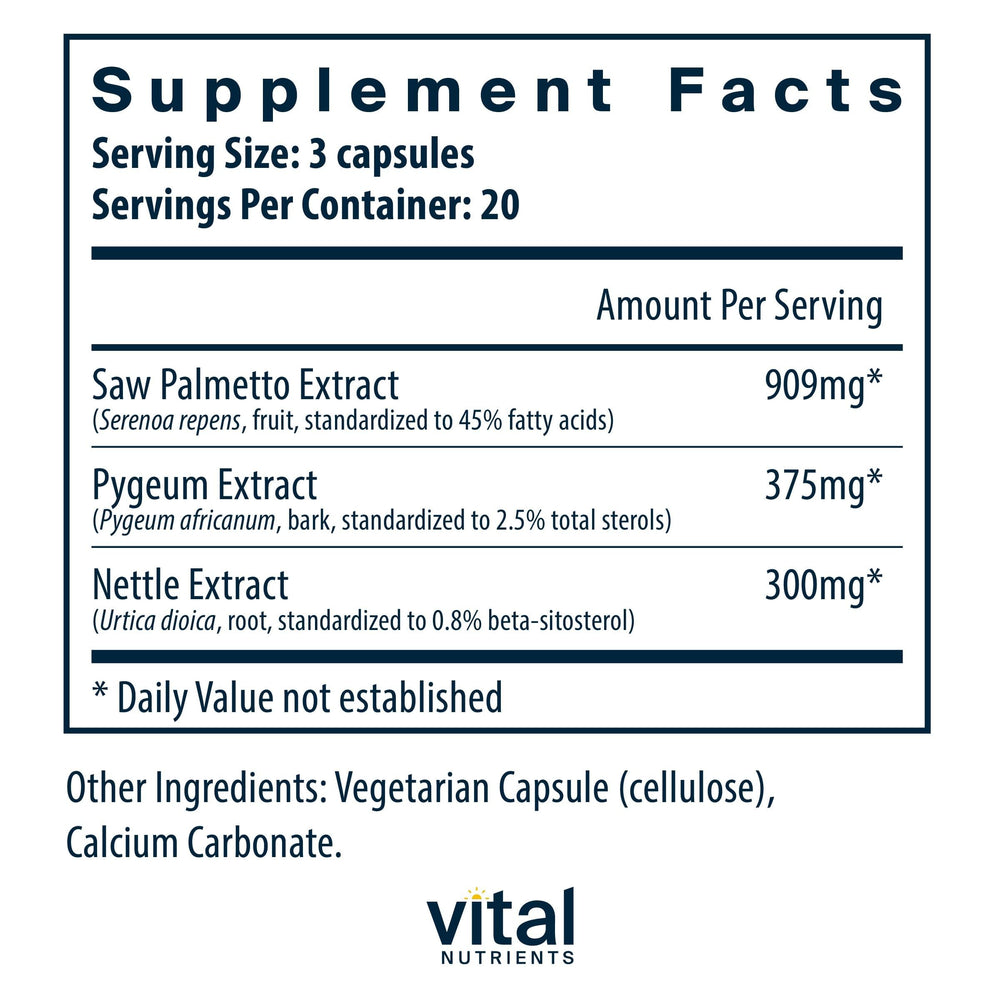Vital Nutrients Saw Palmetto Pygeum Nettle capsules close-up for detailed packaging