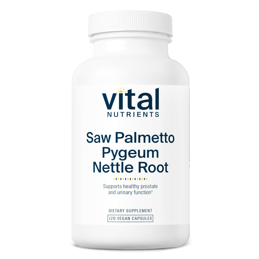 Vital Nutrients Saw Palmetto bottle with vegan capsules supporting healthy prostate function.