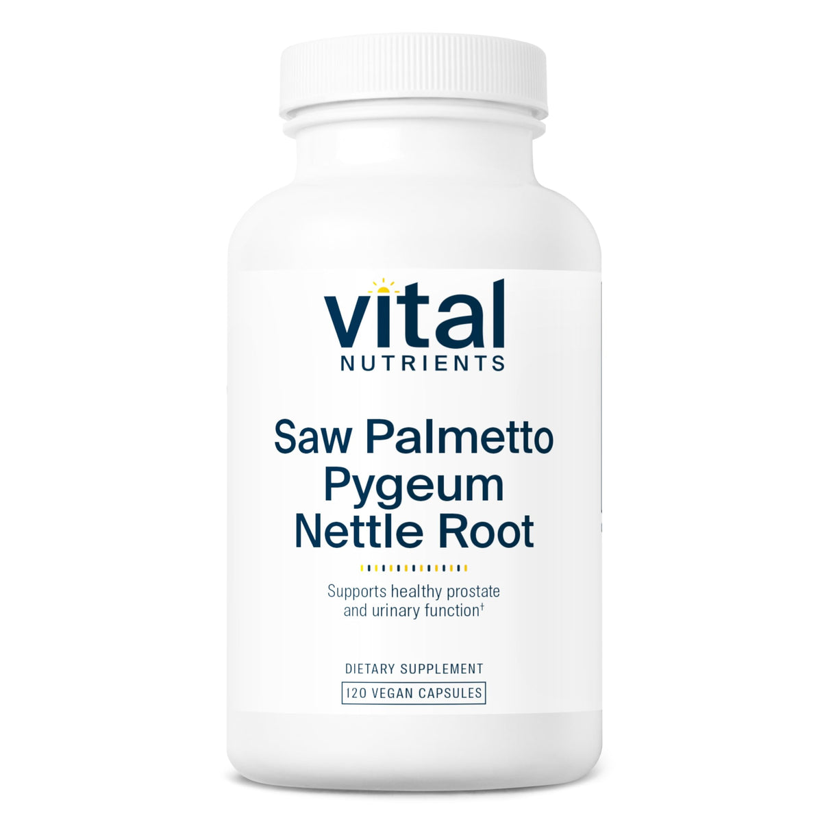 Vital Nutrients Saw Palmetto bottle with vegan capsules supporting healthy prostate function.