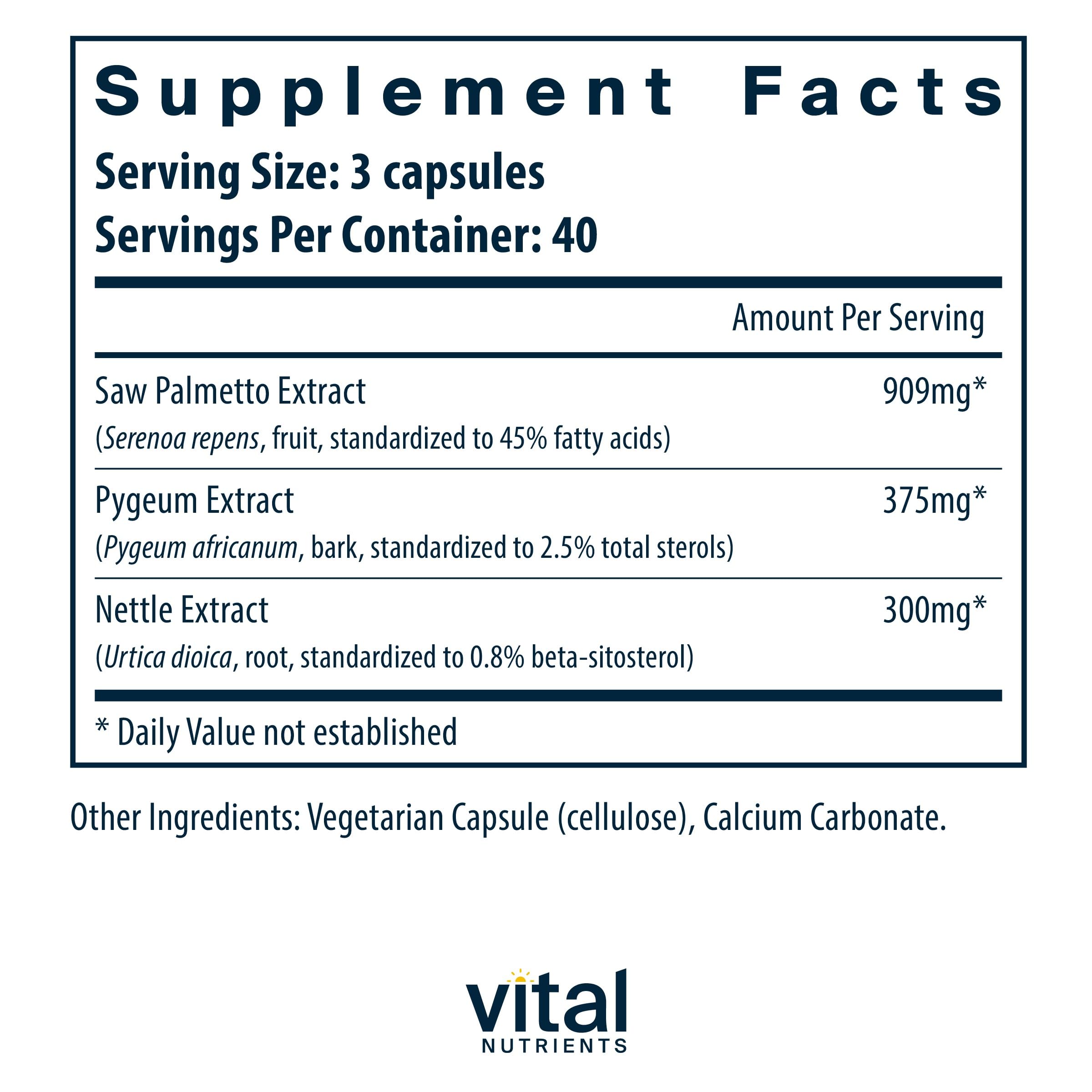 Vital Nutrients capsules with Saw Palmetto Pygeum Nettle; designed for urinary comfort.