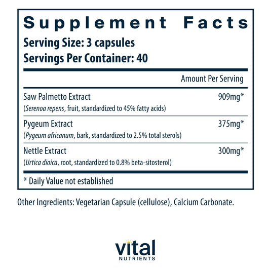 Vital Nutrients capsules with Saw Palmetto Pygeum Nettle; designed for urinary comfort.