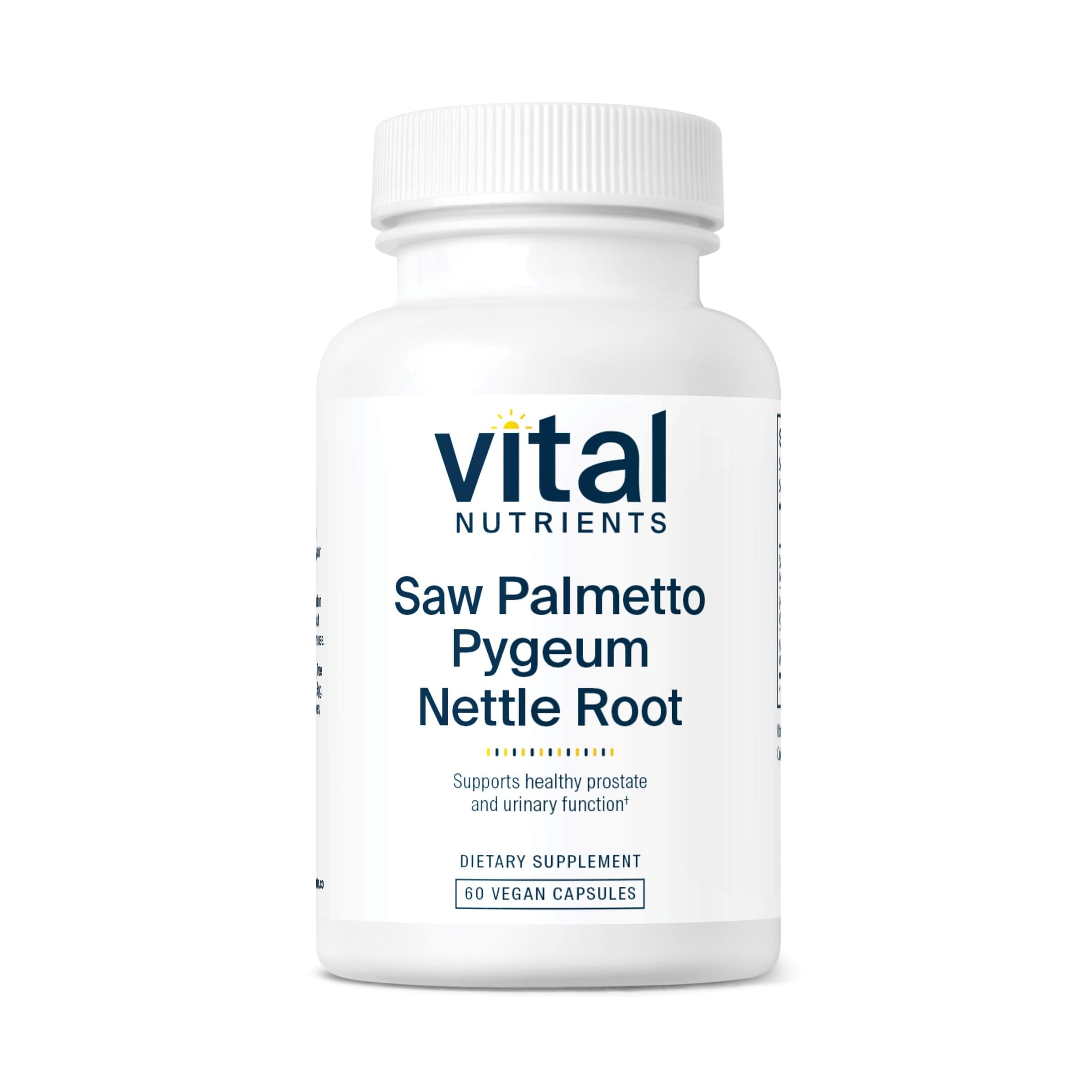 Vital Nutrients Saw Palmetto Pygeum Nettle capsules on bottle suggesting prostate support and urinary comfort