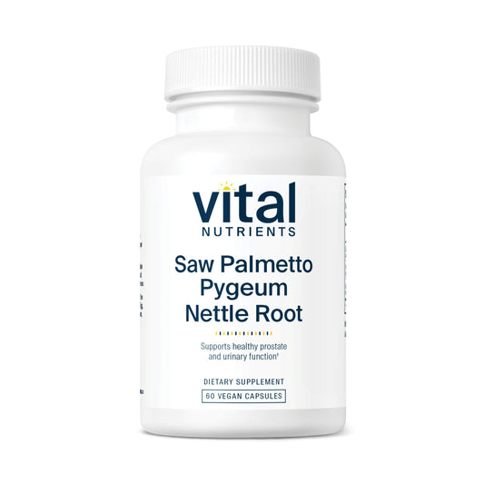 Vital Nutrients Saw Palmetto Pygeum Nettle capsules on bottle suggesting prostate support and urinary comfort