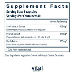 Vital Nutrients capsules with Saw Palmetto Pygeum Nettle; designed for urinary comfort.