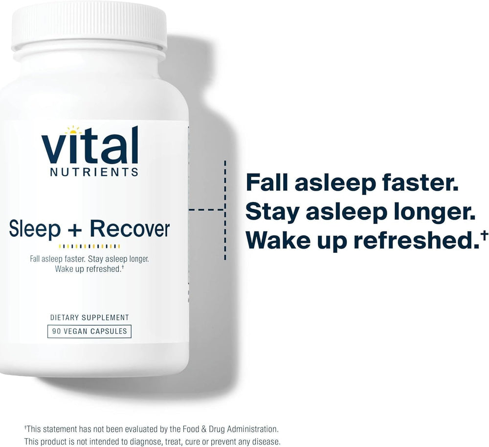 Vital Nutrients Sleep and Recover label close-up shows melatonin and natural sleep aids.