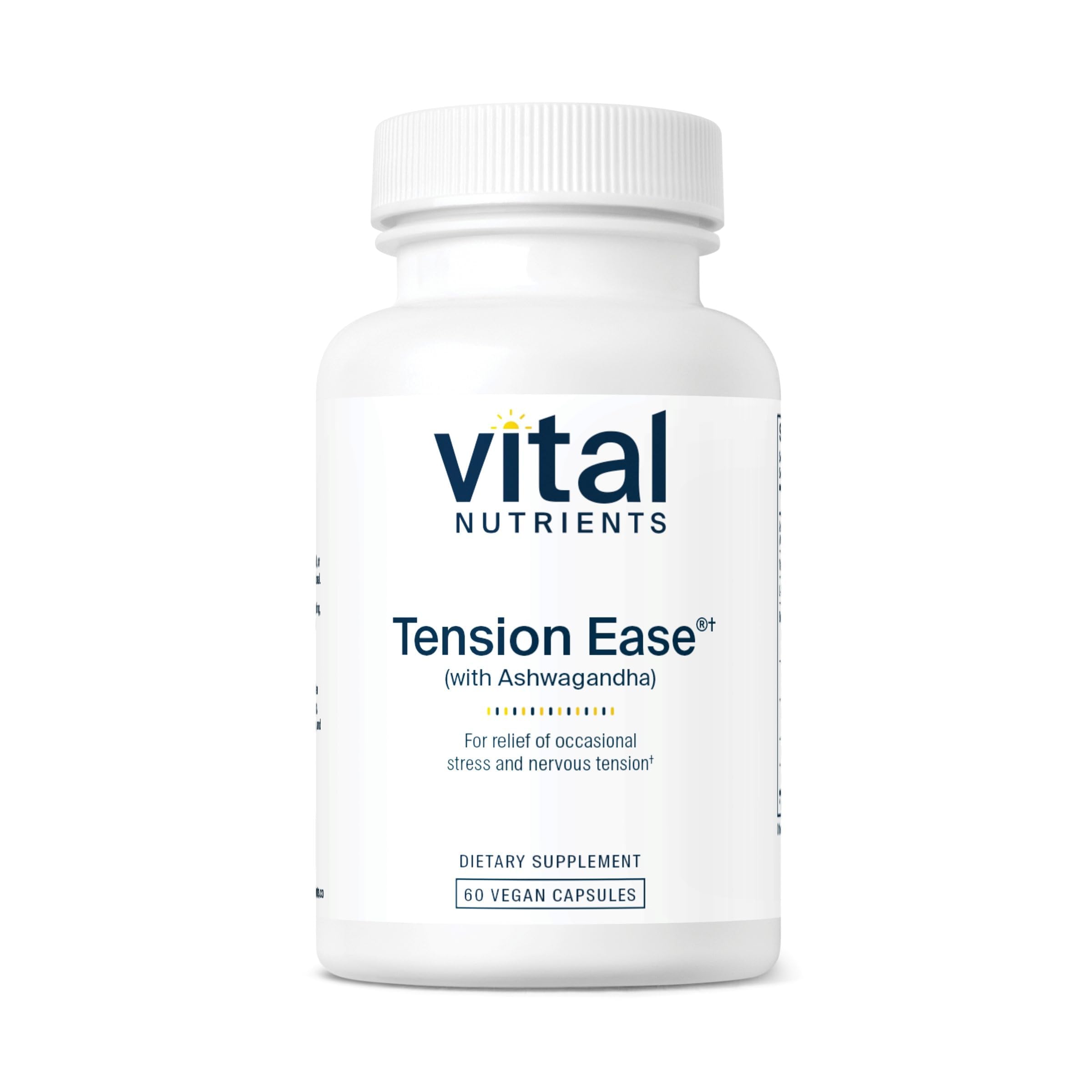 Vital Nutrients Tension Ease ashagwandha bottle showing calming herbal blend for occasional stress