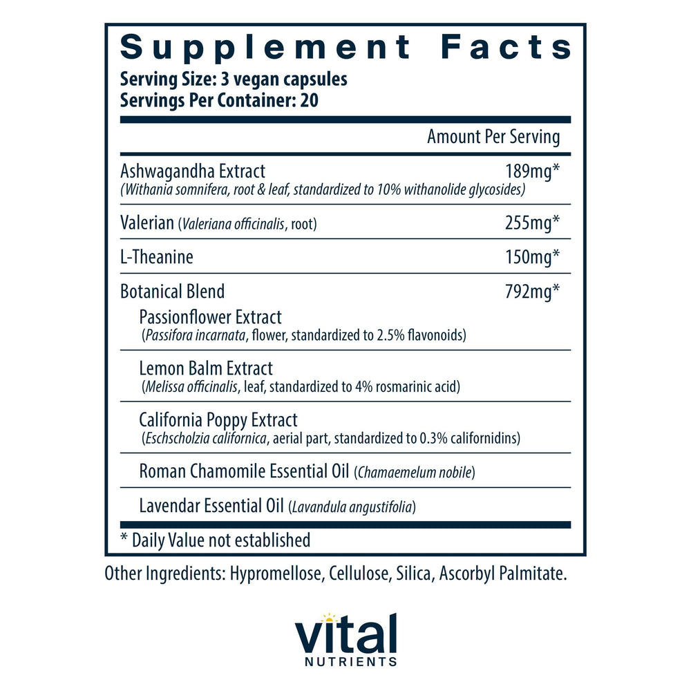 Vital Nutrients Tension Ease capsules close-up highlighting plant-based ingredients for nervous tension support