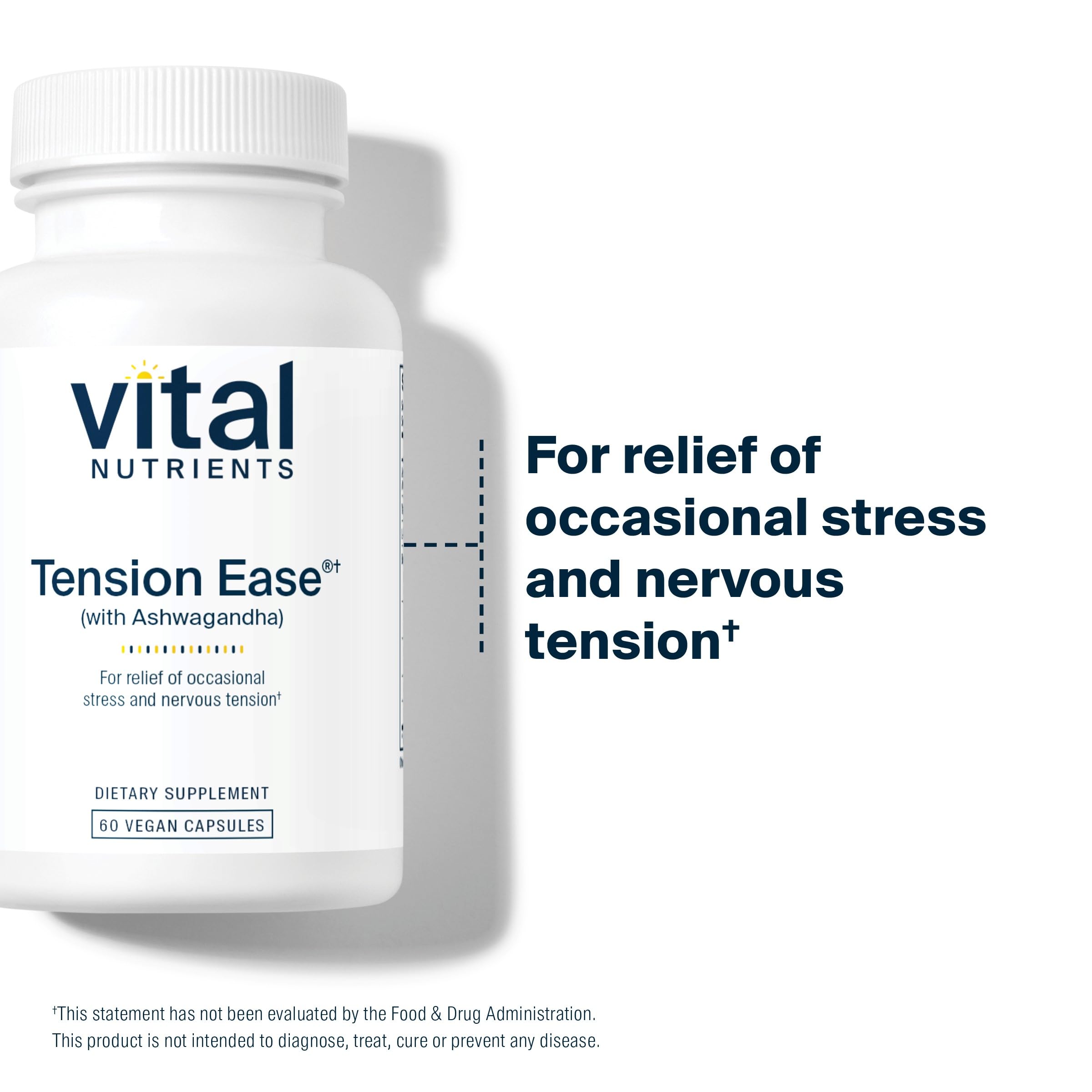 Vital Nutrients Tension Ease ingredients panel highlighting ashwagandha and calming botanicals