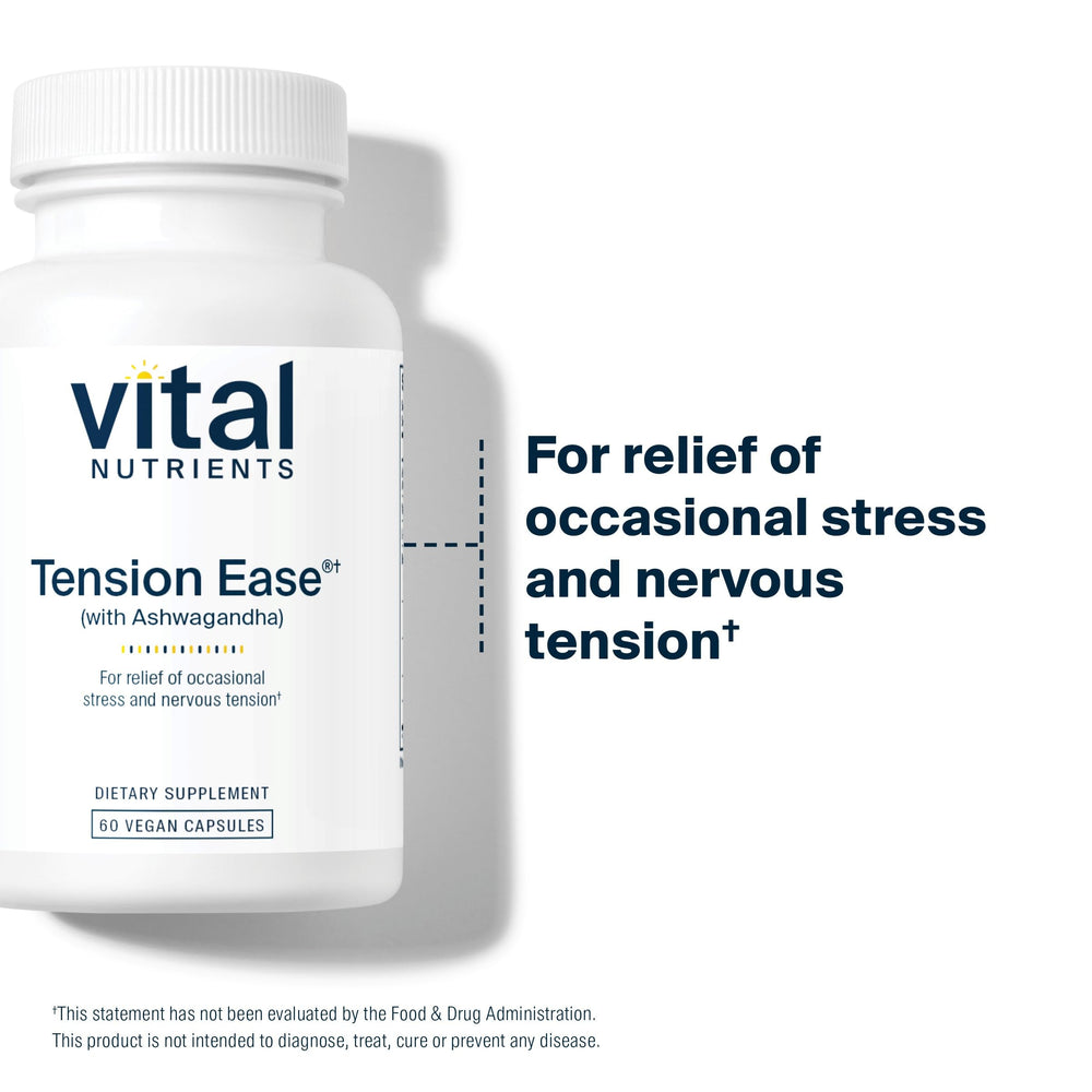 Vital Nutrients Tension Ease ingredients panel highlighting ashwagandha and calming botanicals