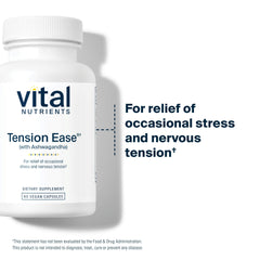 Vital Nutrients Tension Ease ingredients panel highlighting ashwagandha and calming botanicals