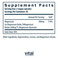 Vital Nutrients Triple Magnesium capsules close-up highlights bioavailable magnesium forms