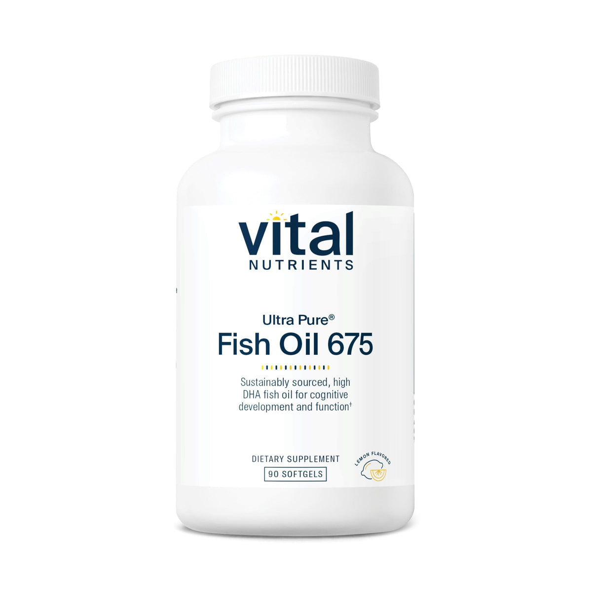 Vital Nutrients Ultra Pure Fish Oil 675 bottle highlighting premium brain and eye health support.