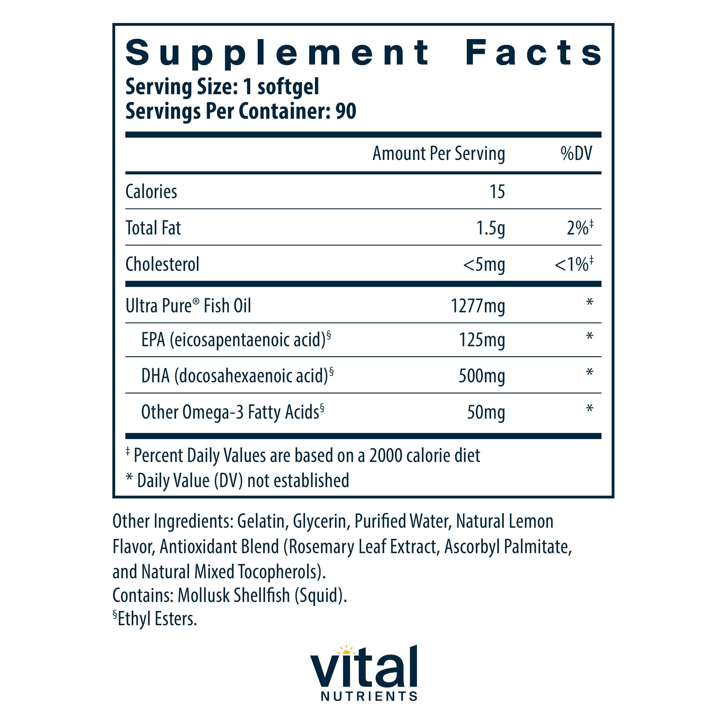 Lemon splash imagery with Vital Nutrients Ultra Pure Fish Oil 675 for daily flavor appeal.