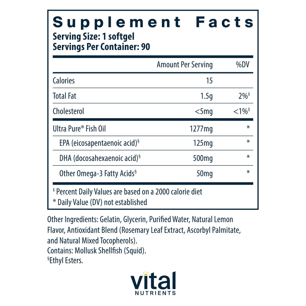 Lemon splash imagery with Vital Nutrients Ultra Pure Fish Oil 675 for daily flavor appeal.