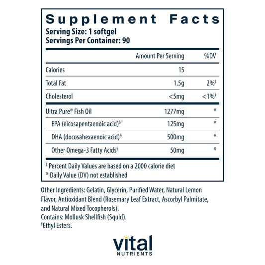 Lemon splash imagery with Vital Nutrients Ultra Pure Fish Oil 675 for daily flavor appeal.