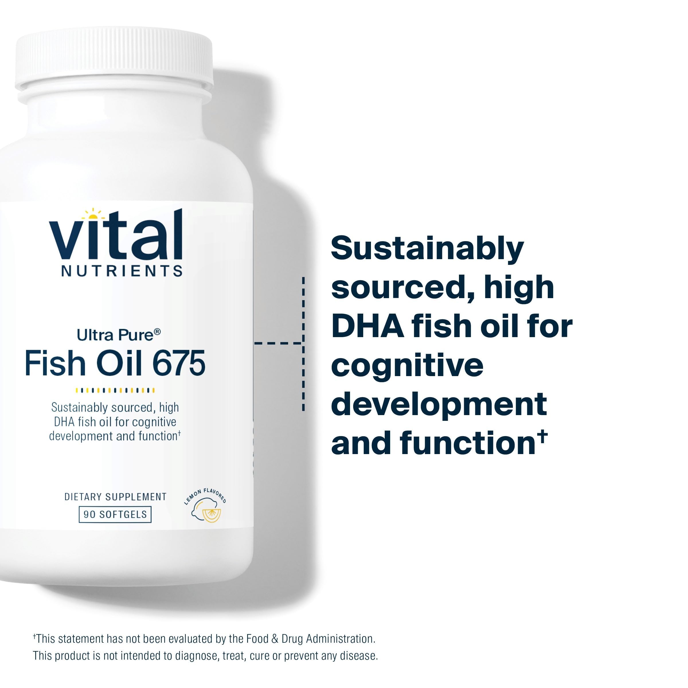 Close-up of Ultra Pure Fish Oil 675 softgels with lemon-tinted coating.