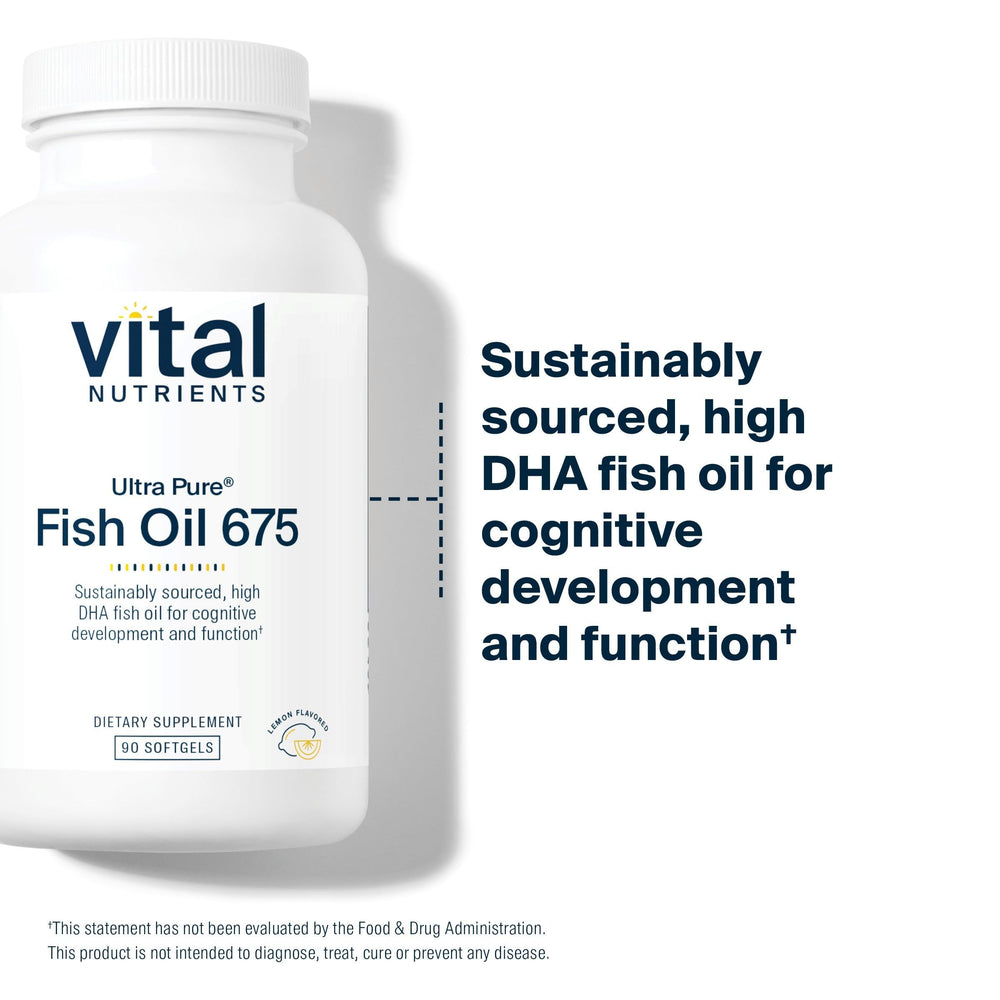 Close-up of Ultra Pure Fish Oil 675 softgels with lemon-tinted coating.