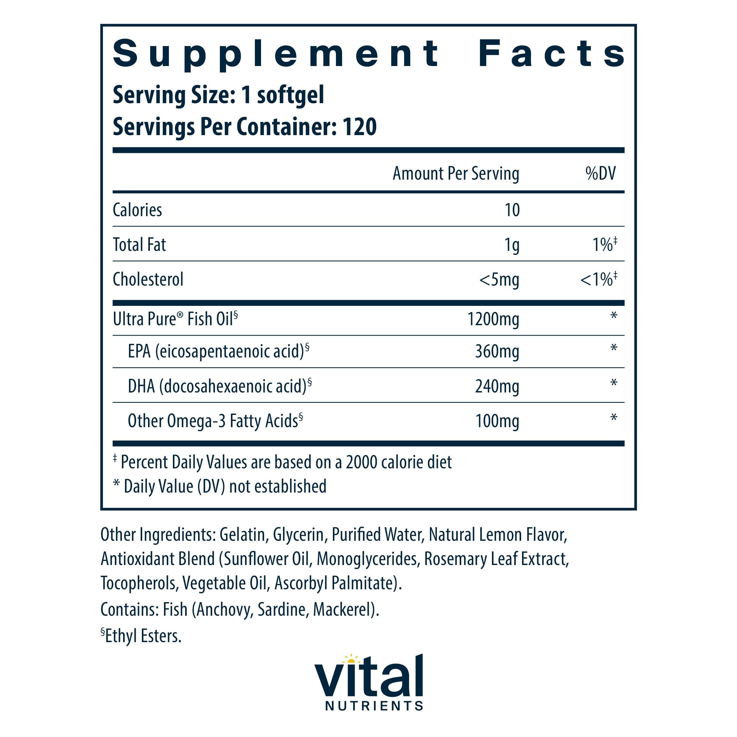 Vital Nutrients Ultra Pure Fish Oil 700 bottle label demonstrates EPA and DHA potency for brain and joints