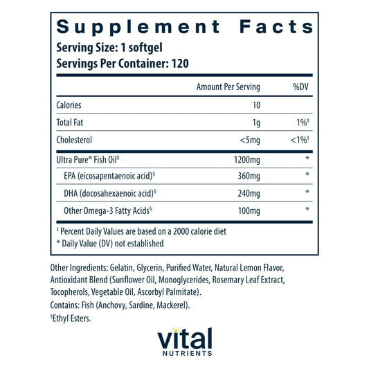 Vital Nutrients Ultra Pure Fish Oil 700 bottle label demonstrates EPA and DHA potency for brain and joints