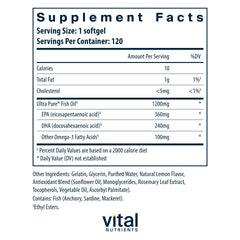 Vital Nutrients Ultra Pure Fish Oil 700 bottle label demonstrates EPA and DHA potency for brain and joints