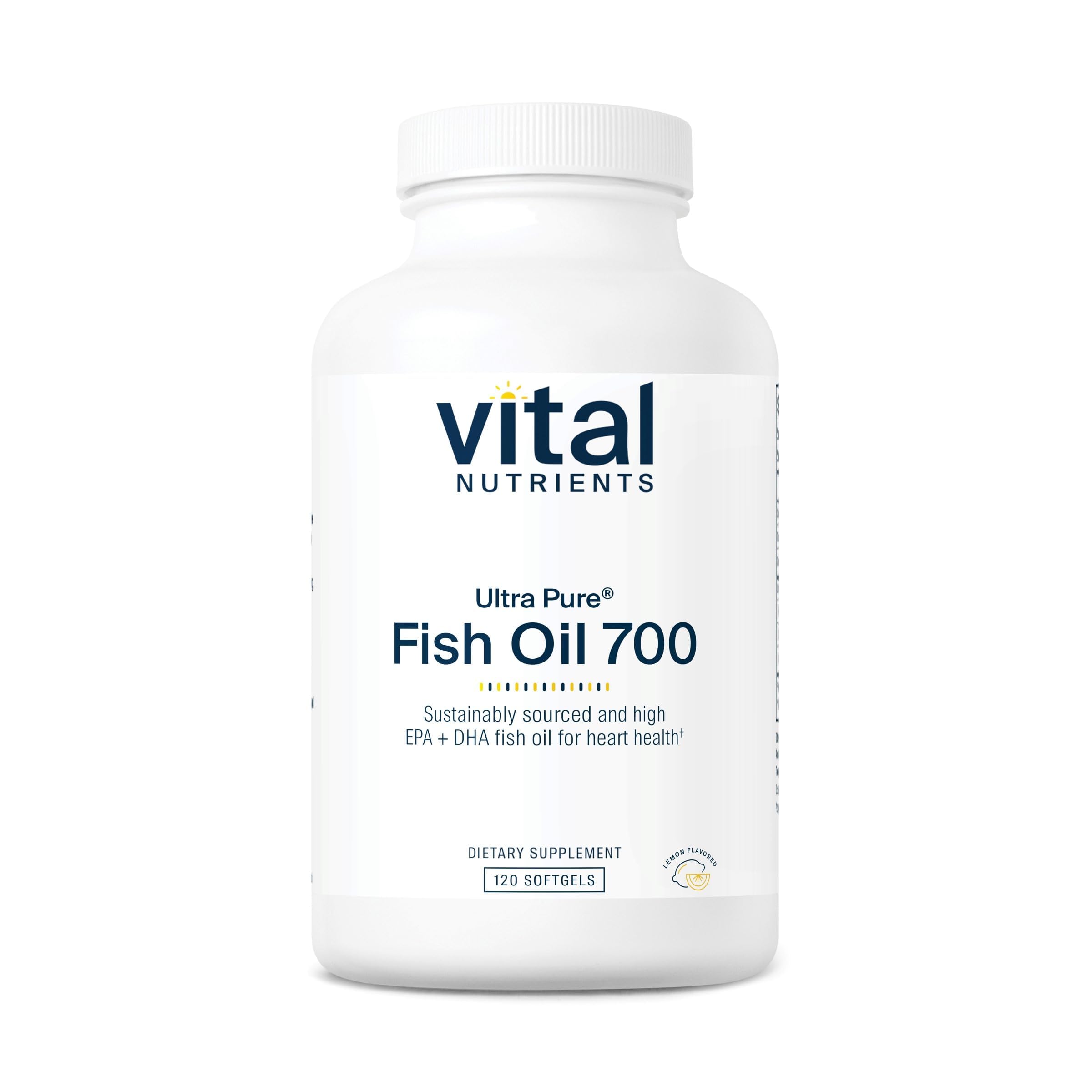 Vital Nutrients Ultra Pure Fish Oil 700 lemon bottle highlights sustainable sourcing and heart support
