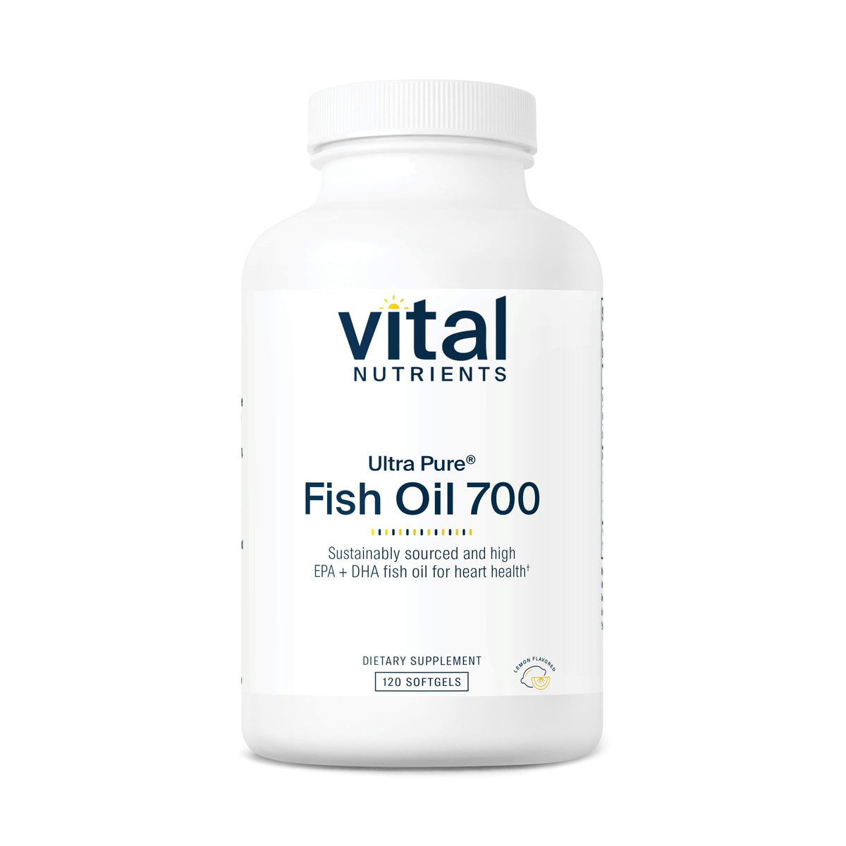 Vital Nutrients Ultra Pure Fish Oil 700 lemon bottle highlights sustainable sourcing and heart support