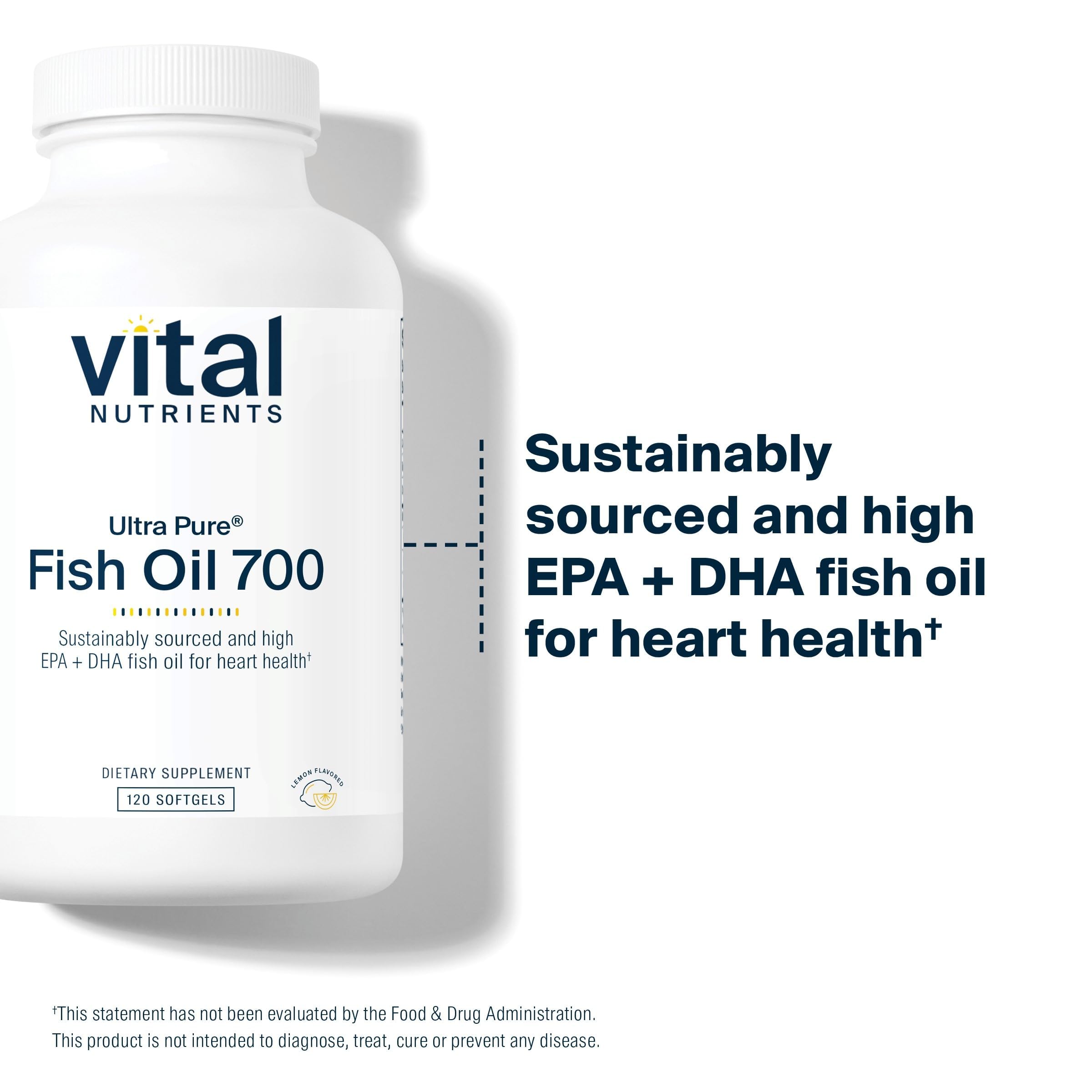 Vital Nutrients Ultra Pure Fish Oil 700 softgels closeup shows clear capsules with no fishy aftertaste